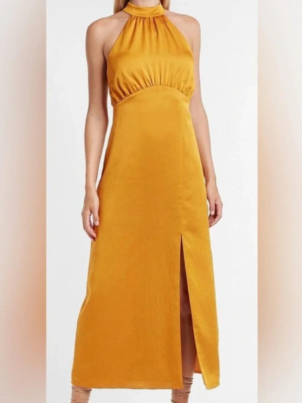 Express Halter Neck Gold Satin Cocktail Maxi Dress